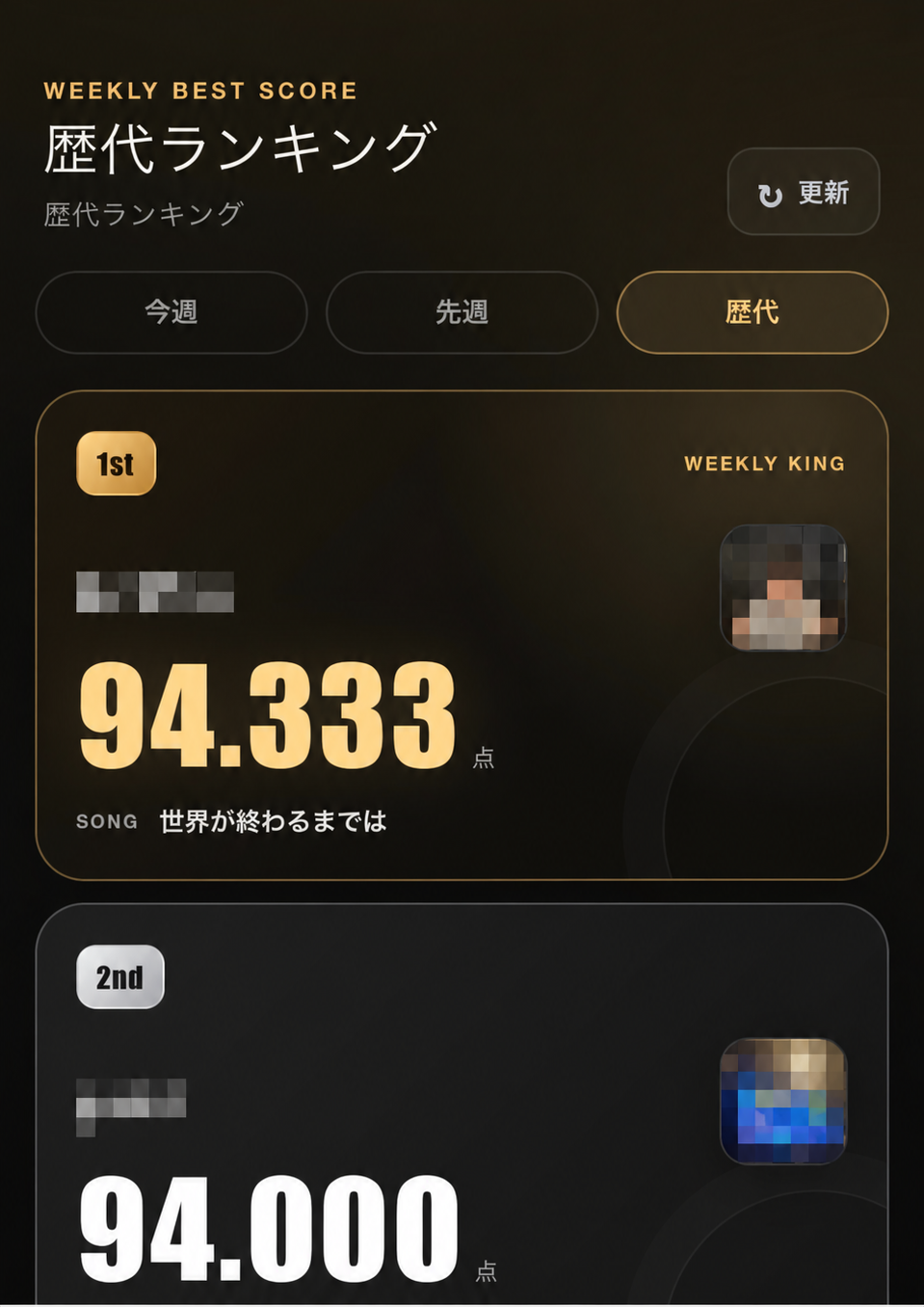 個人名と人物写真を匿名化したカラオケの歴代ランキング画面